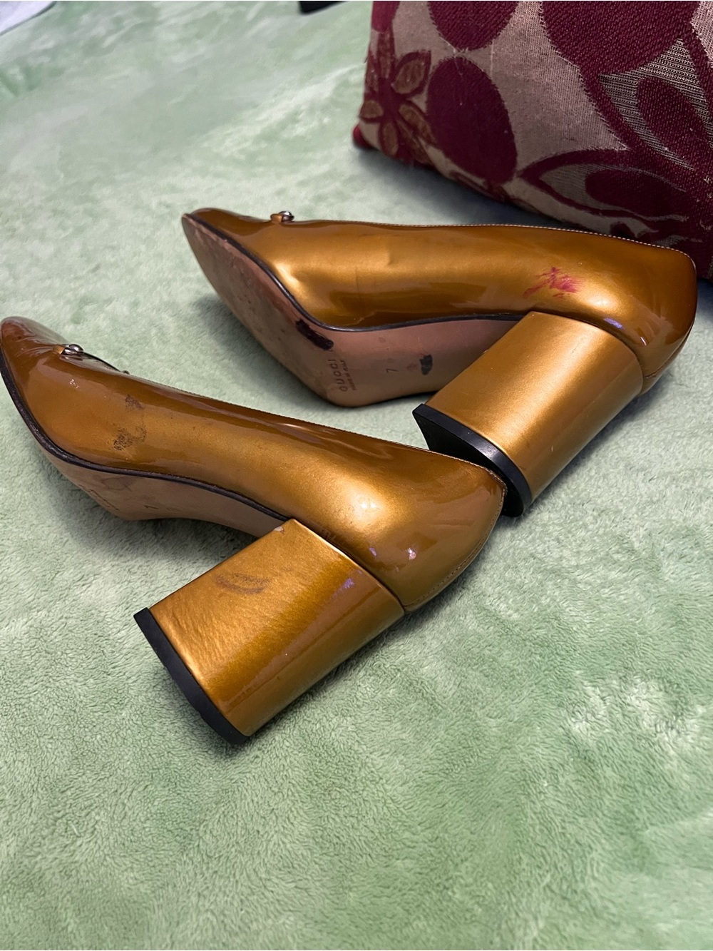 Gucci Metallic Bronze Block Heel Pumps